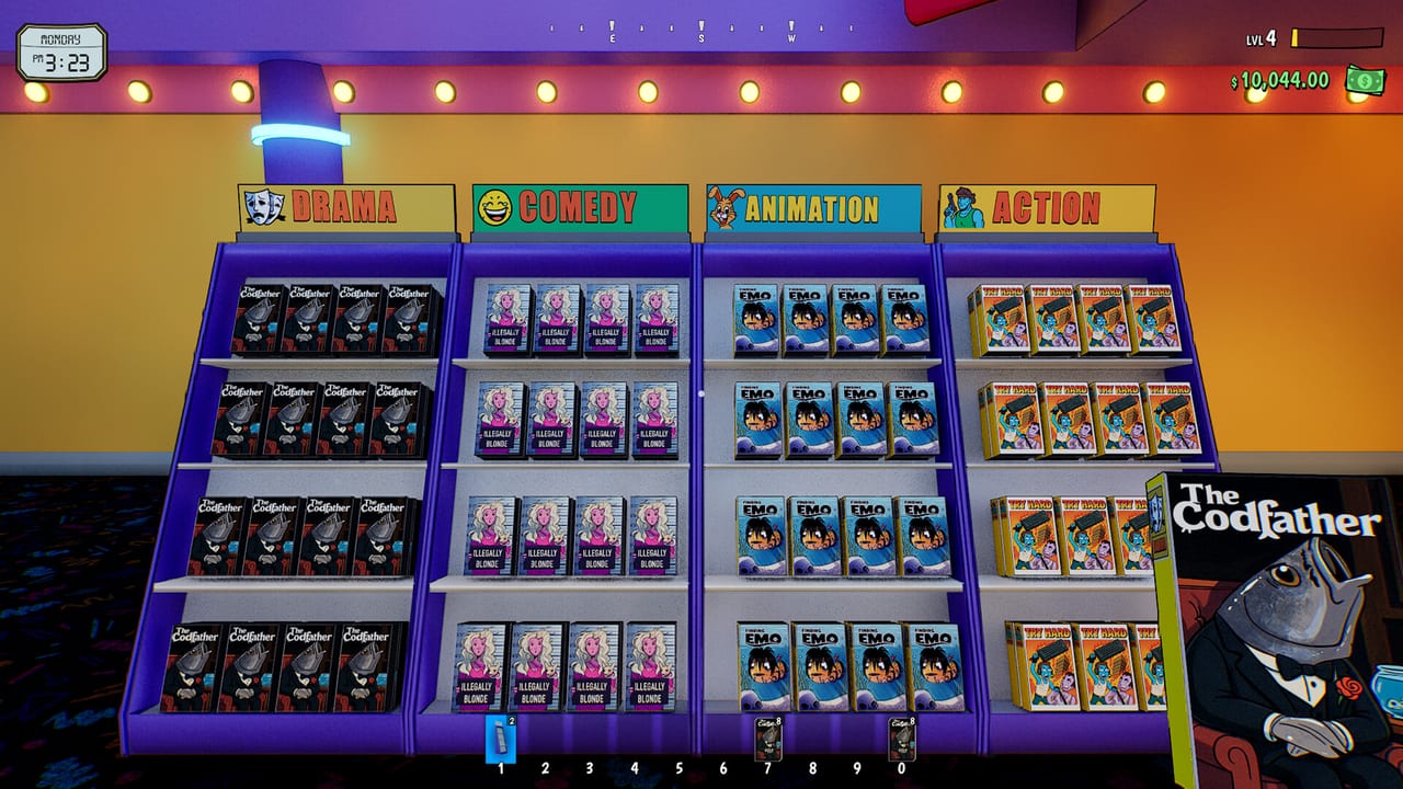 Rewind 99 first-person HUD in front of Drama, Comedy, Animation, and Action shelves with a Codfather tape