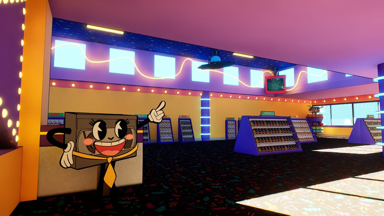 Interior of the Rewind 99 video store with the VHS mascot pointing toward the sales floor